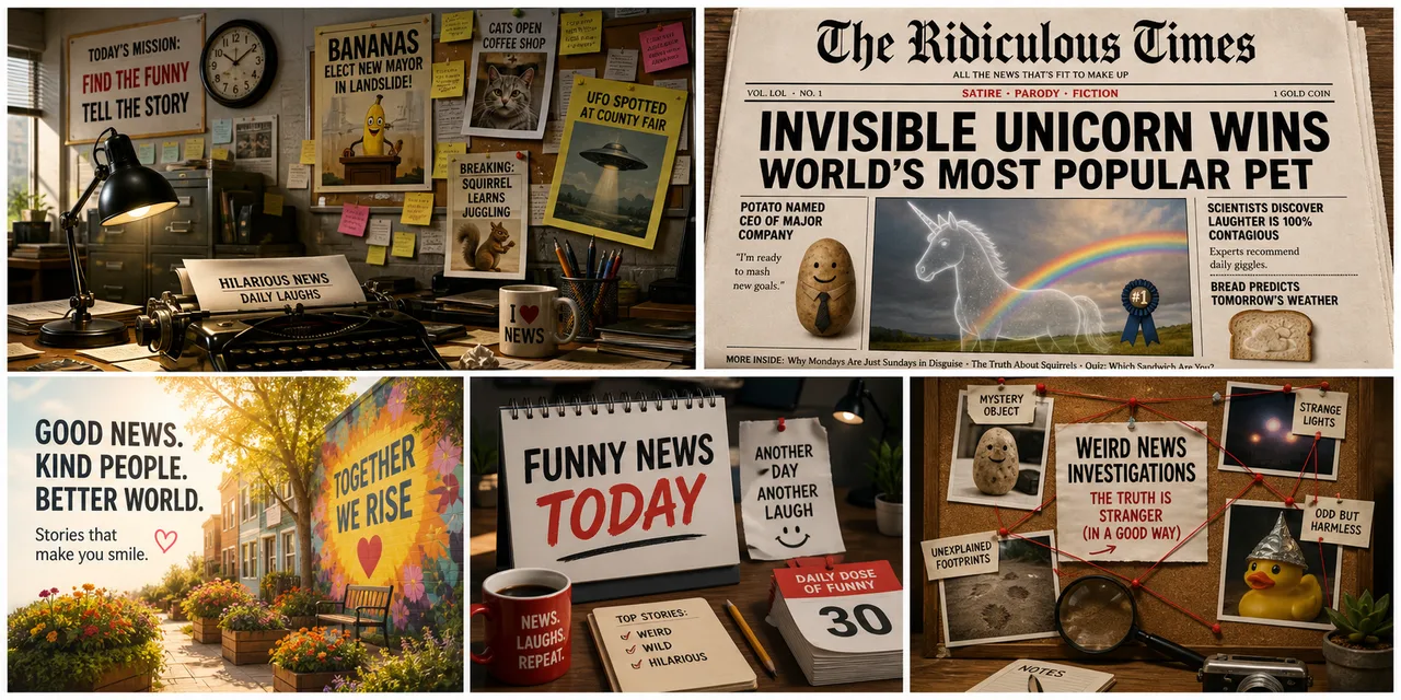 A satirical daily news desk with calendars and fictional headlines.